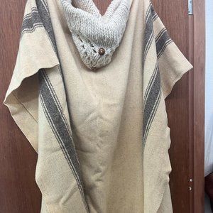 Cream Poncho with stripes fringe Knitted neckline One size